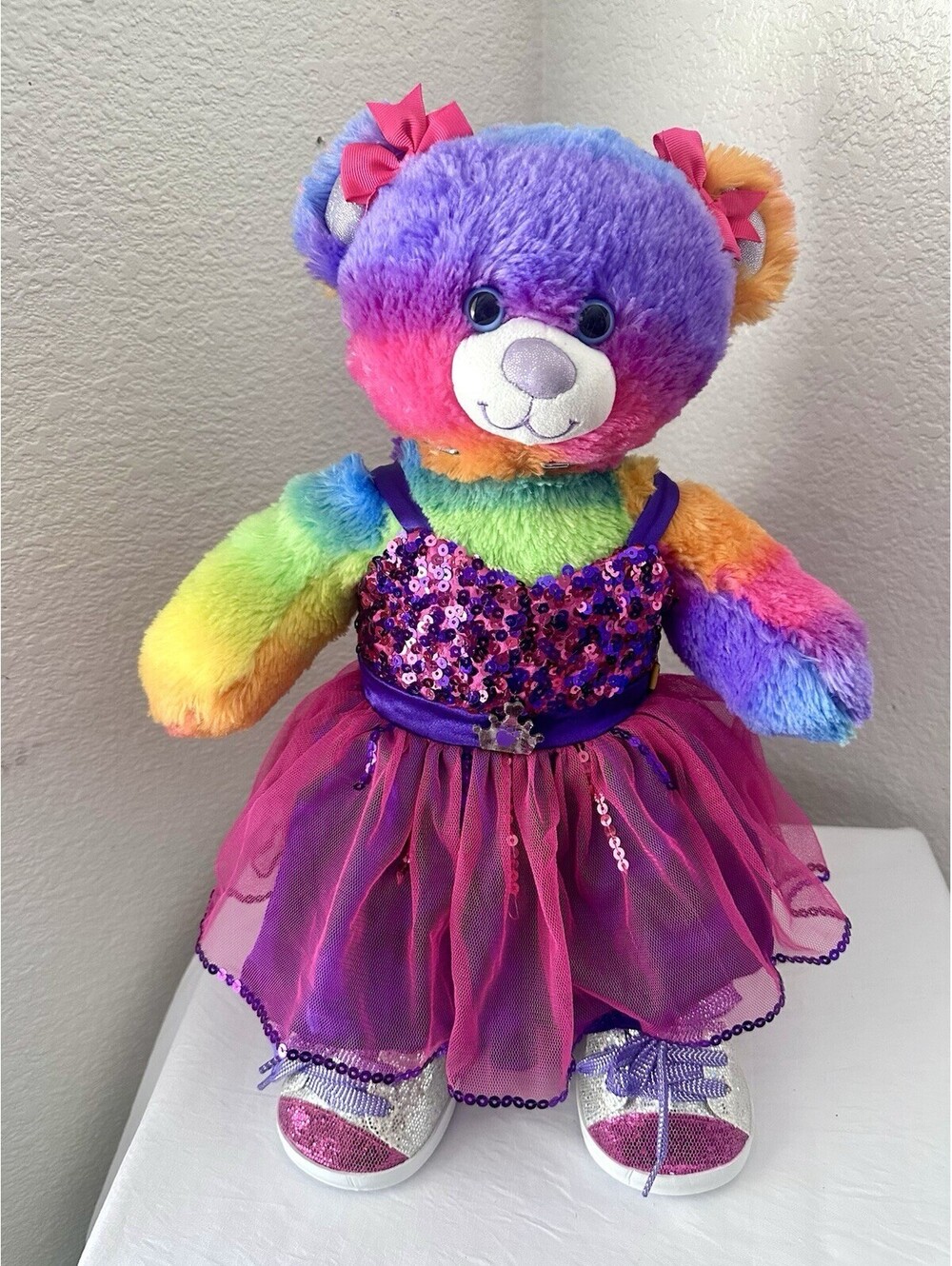 Build A Bear Rainbow Glitter Bear W/ Purple Pink Gown, Shoes & Bows 2014 16”